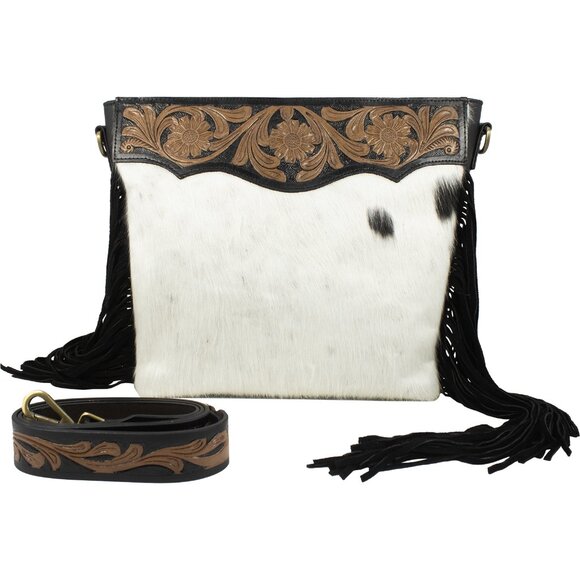 Women Hand-Tooled Hair-On Shoulder Fringe Bag - Picture 5 of 10